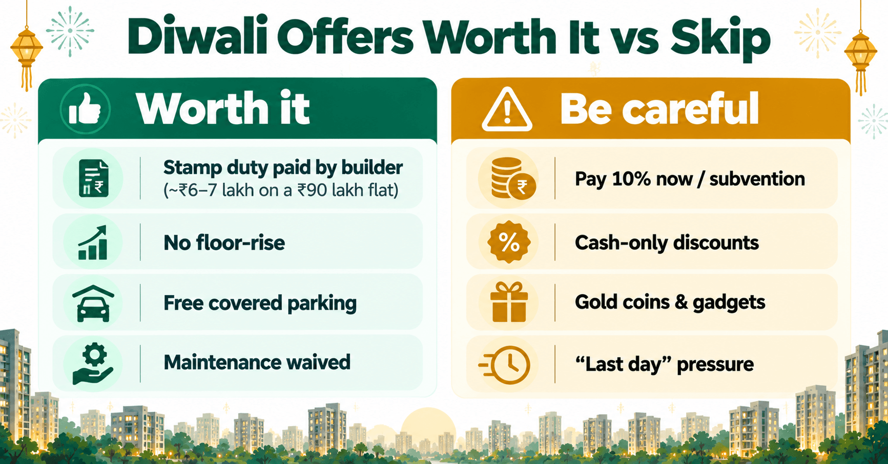 Diwali property offers worth it vs be careful: stamp duty paid by builder, no floor-rise, free covered parking and maintenance waived, versus pay 10% now subvention schemes, cash-only discounts, gold coins and gadgets, and last-day pressure